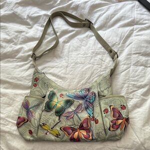 Anuschka Leather Handbag- Butterfly & Flower Hand Painted